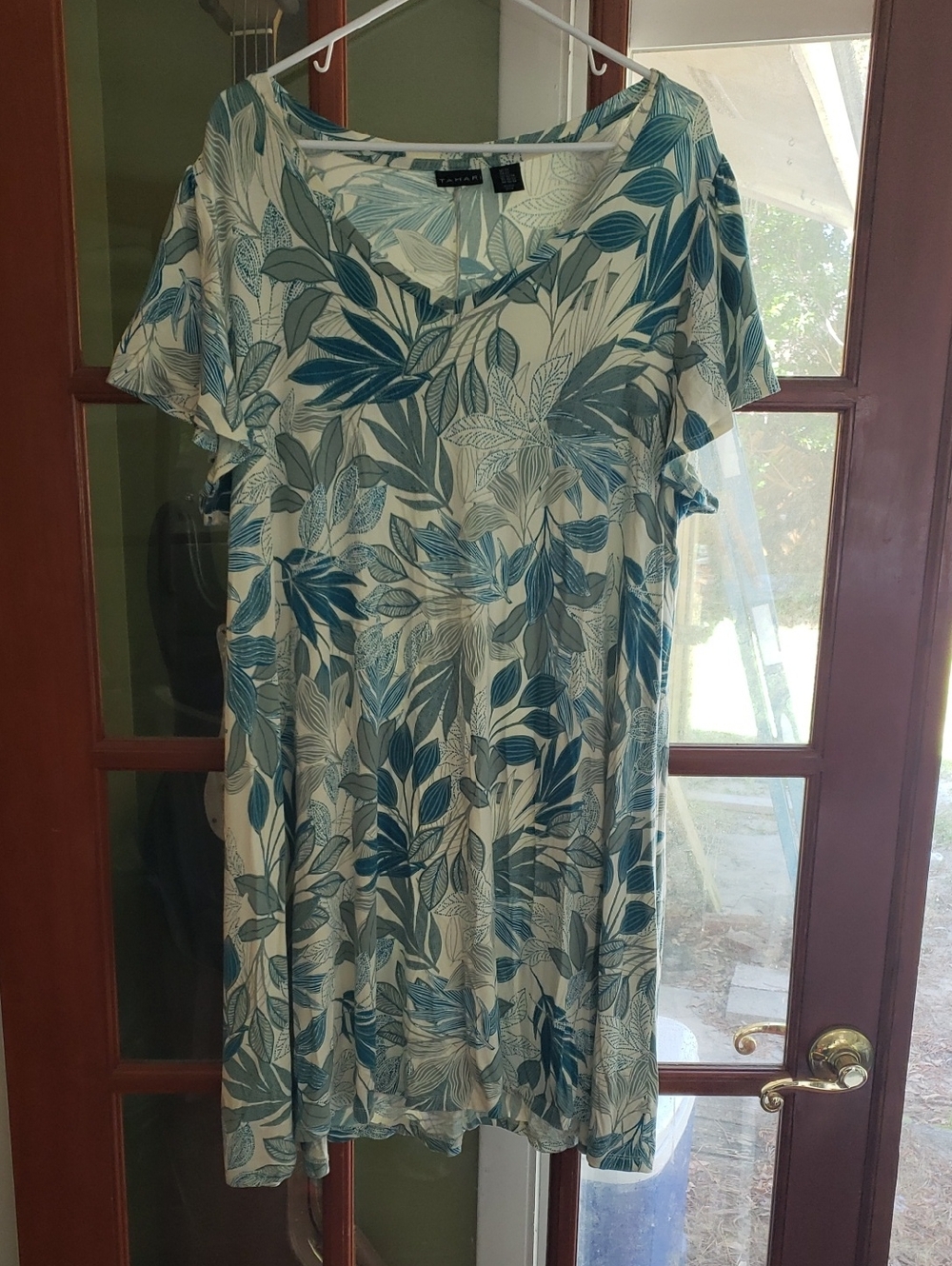 Tahari Cream and Teal Leaf-Print Mini Dress